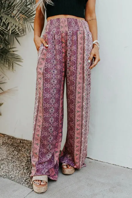 Smocked Floral Wide-Leg Lounge Pants