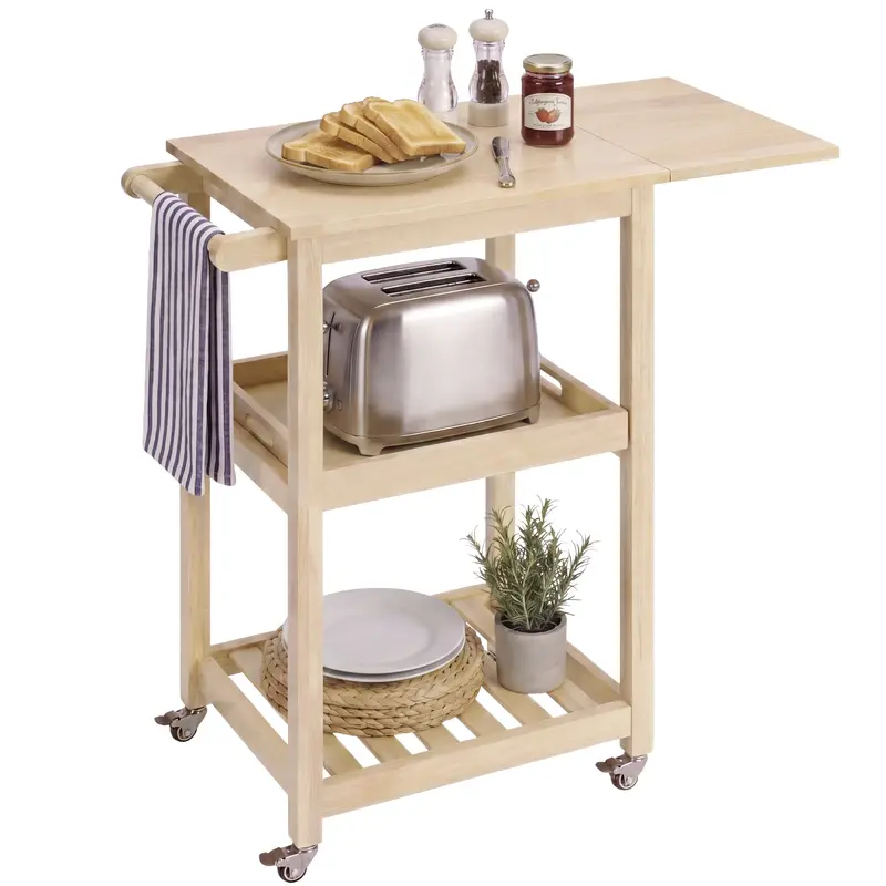 Solid Wood Rolling Kitchen Island Cart with Drop-Leaf Extension Table