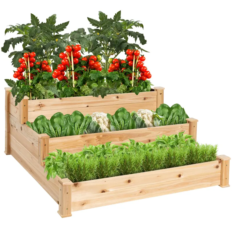 Stackable 3-Tier Fir Wood Raised Garden Planter Bed