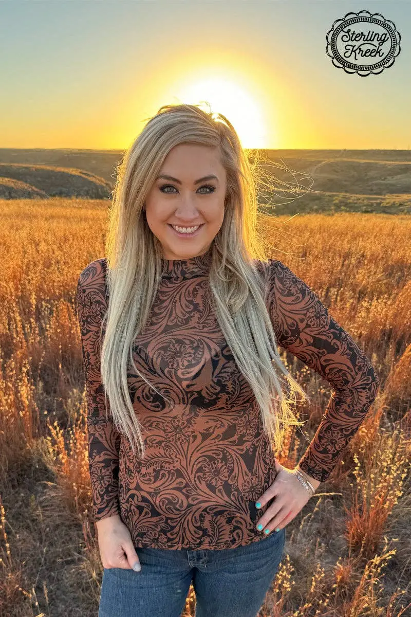 Sterling Creek Country Roads Leather-Trimmed Mesh Top