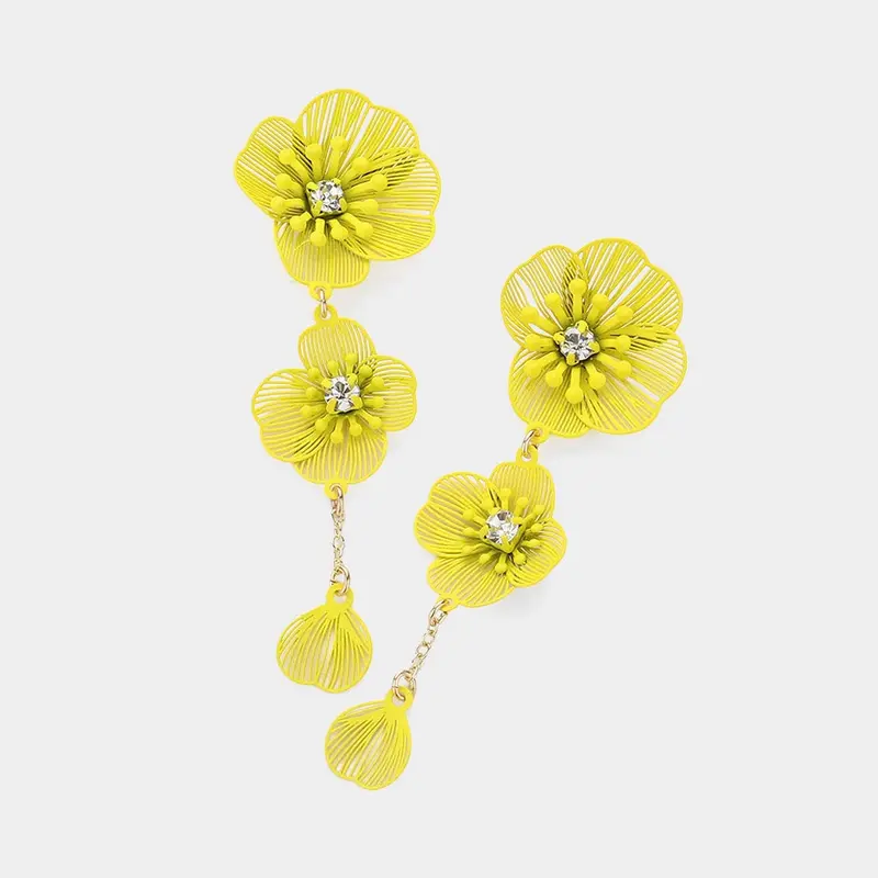 Stone-Accented Flower Cutout Earrings – Geometric Botanical Dangles