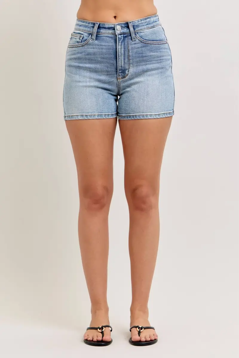 Streamlined Medium Wash High-Waist Slim Shorts