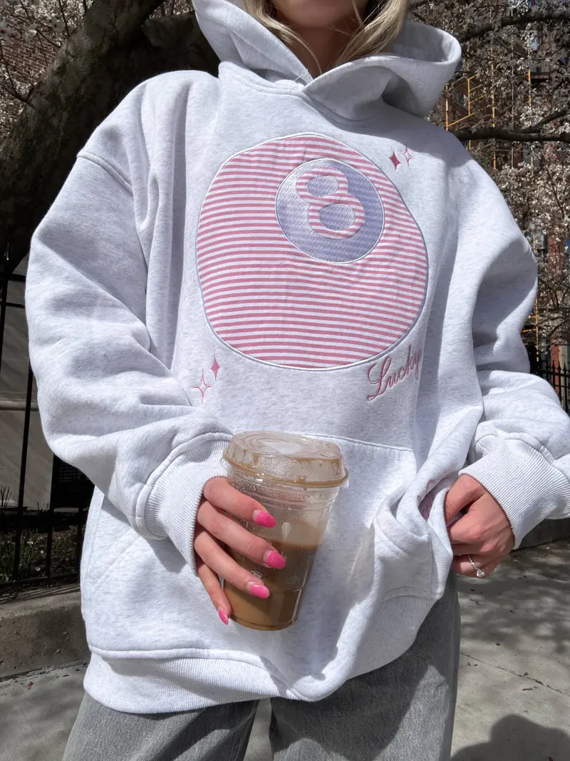 Sunkissed Coconut Lucky You 8-Ball Embroidered Hoodie in Pearl Grey