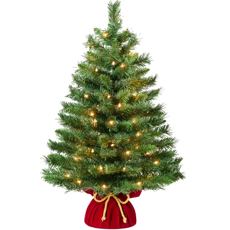 Tabletop Pre-Lit Christmas Tree – 26-Inch Red Velvet Base with Gold-Tone Cord and Warm White LEDs