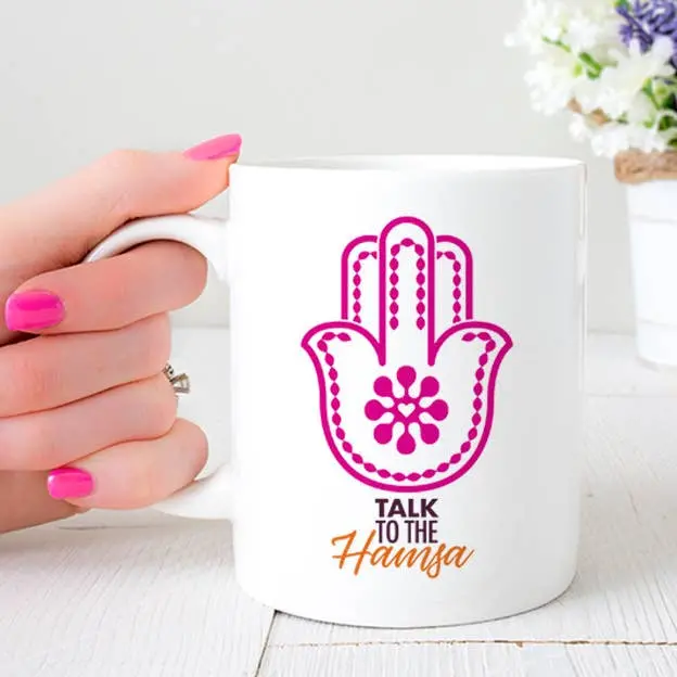 Talk to the Hamsa Ceramic Mug – Pink Edition with Spiritual Motif