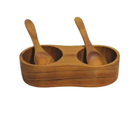 Teak Wood Salt and Pepper Cellar Set with Matching Serving Spoons