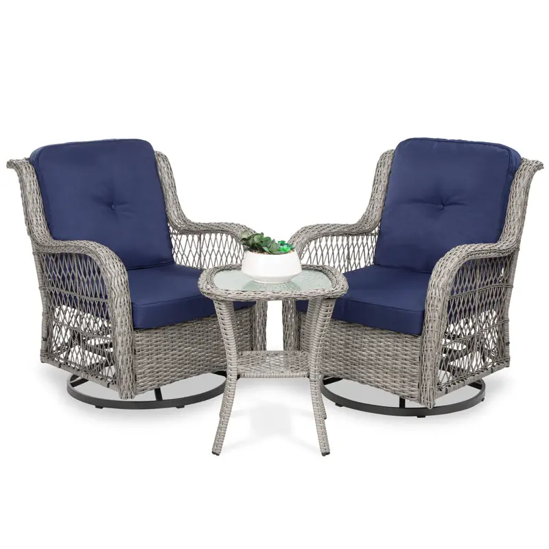 Three-Piece Wicker Patio Set with Swivel Rocking Chairs and Center Table