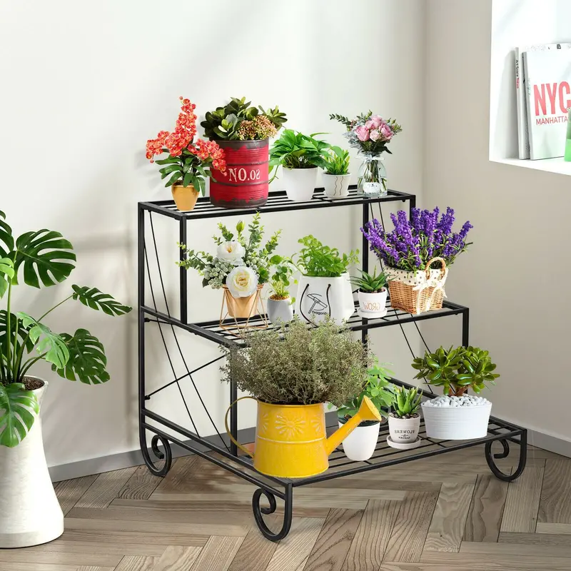 Three-Tier Galvanized Steel Garden Planter Shelf for Outdoor Use