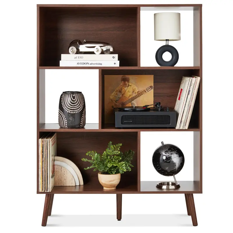 Three-Tier Mid-Century Wooden Bookcase with Offset Legs and Optional Back Panels