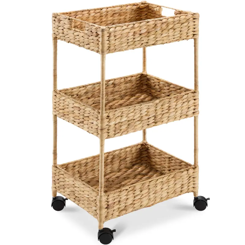 Three-Tier Rolling Utility Cart with Handwoven Water Hyacinth Baskets