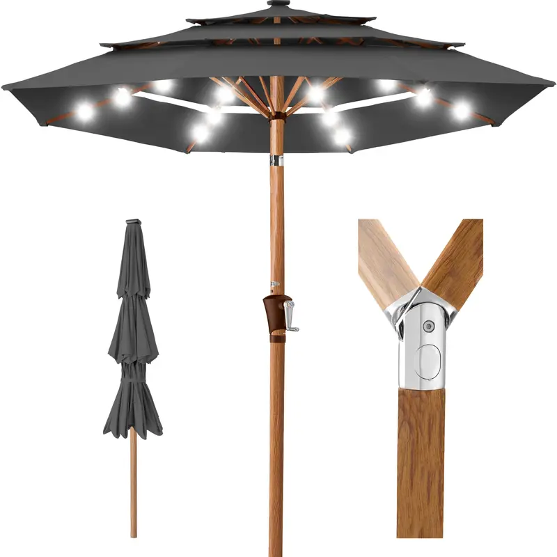Three-Tier Solar-Powered Woodgrain Umbrella – Tilt-Adjustable Canopy – 10-Foot Diameter