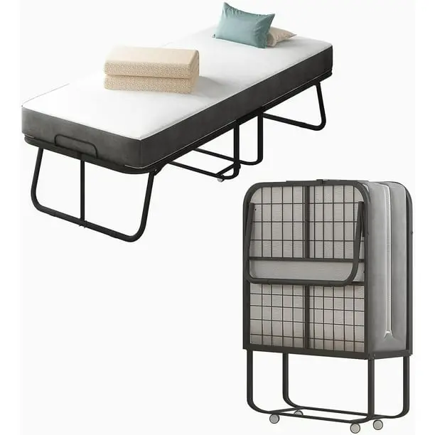 Twin Folding Bed with 4-Inch Mattress & Headboard – Compact Portable Frame with Locking Wheels