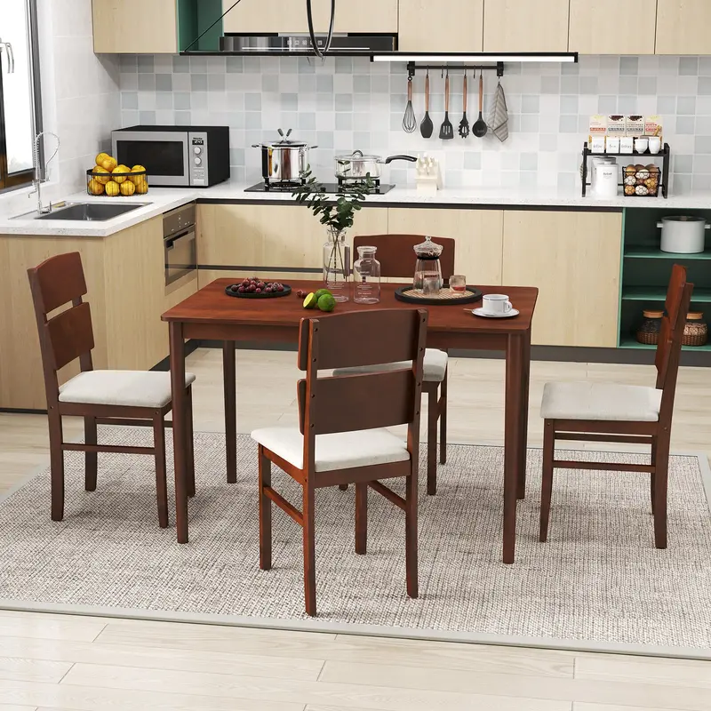 Walnut-Finish 5-Piece Dining Set – Curved-Back Chairs for Four, Outdoor-Ready Design