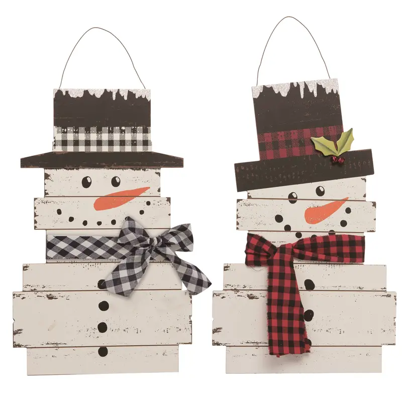 Wooden Hanging Snowman with Plaid Scarf – Rustic Christmas Ornament