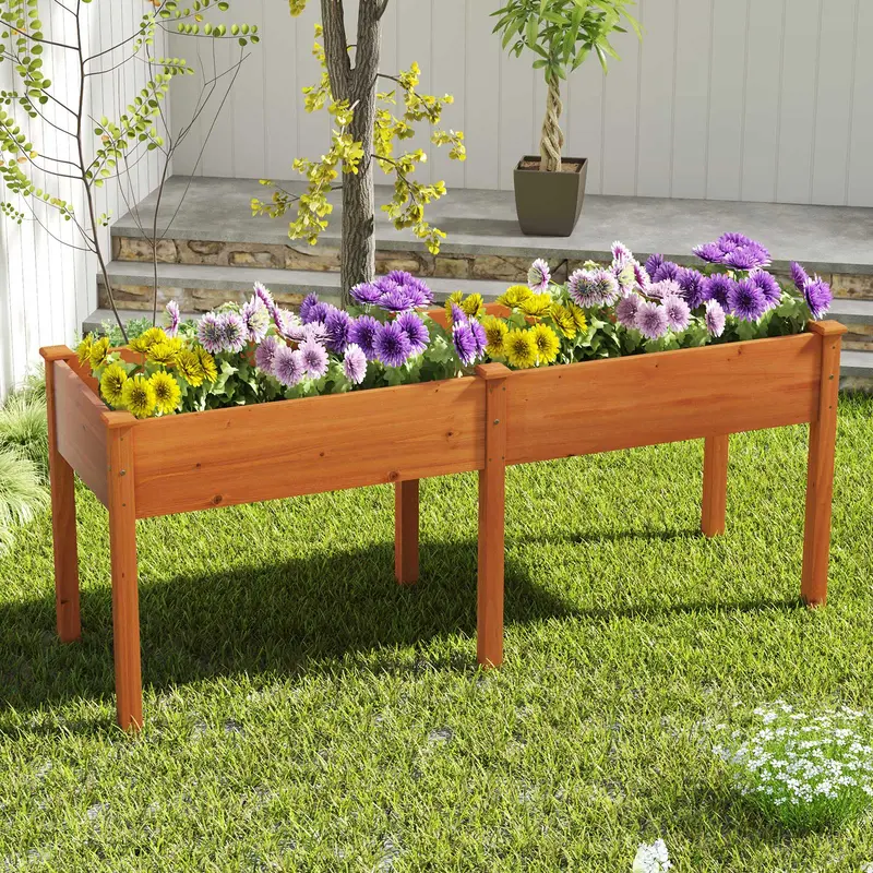 Yellow Raised Garden Bed with Divider – Wooden Outdoor Planter Featuring Drainage & Segmented Layout